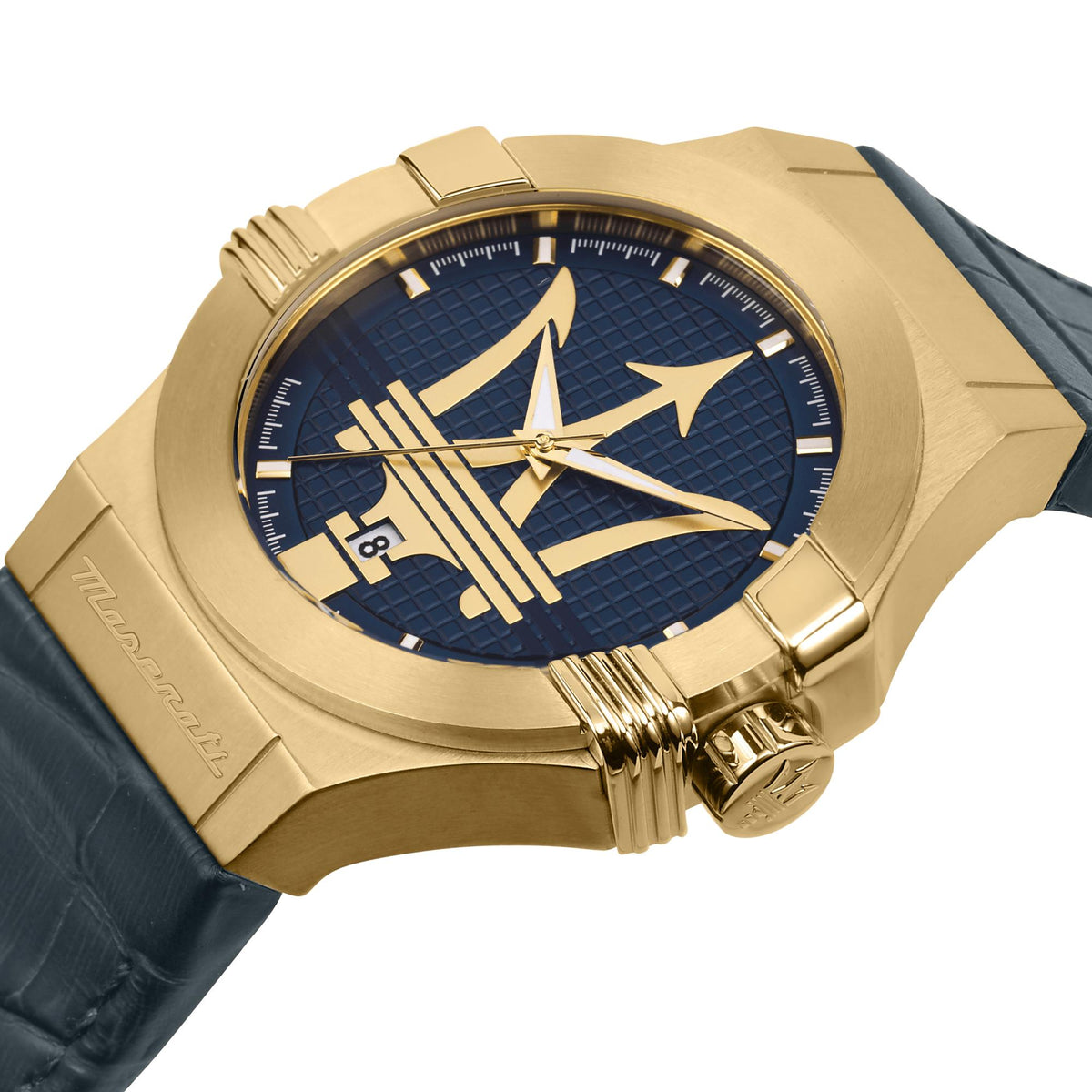 Men's Maserati quartz watch close-up with blue dial, blue leather strap, gold-tone bezel