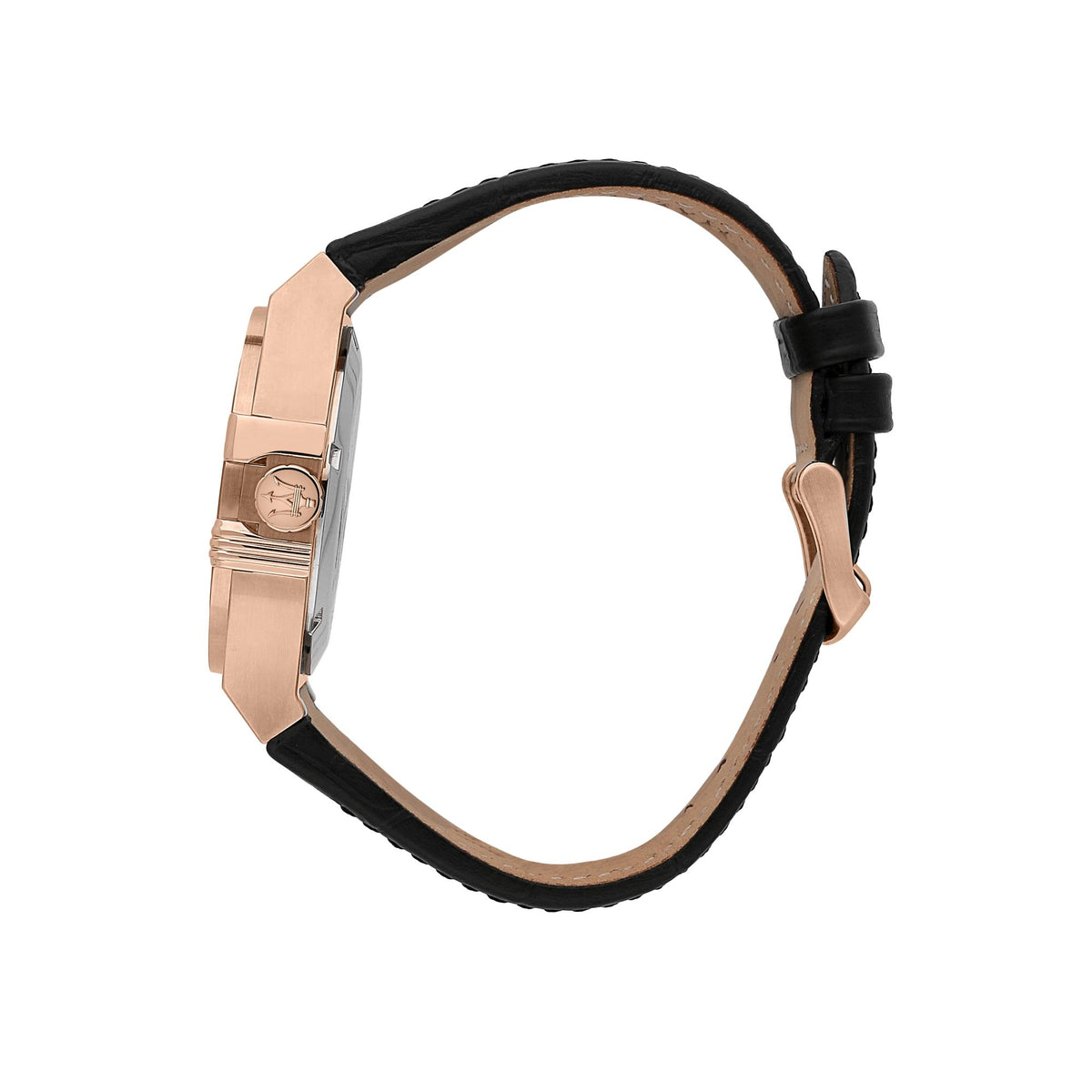 Men's skeleton watch shown from the side with black leather strap and rose gold-tone case.