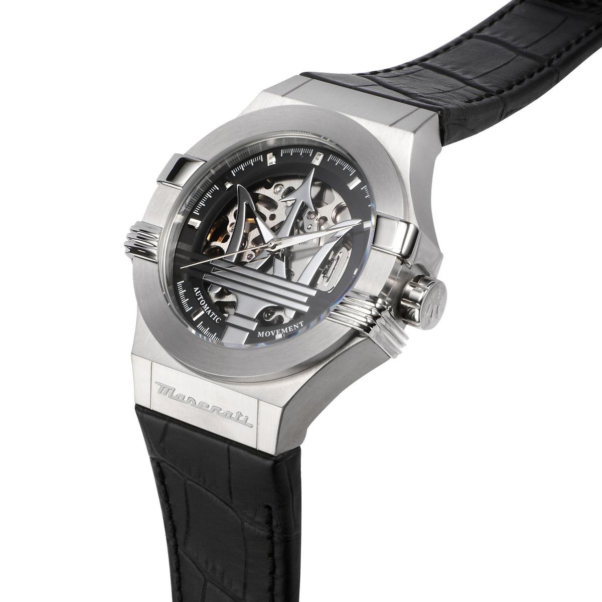 Men's Maserati watch angled view, black leather strap, black skeleton dial, silver case