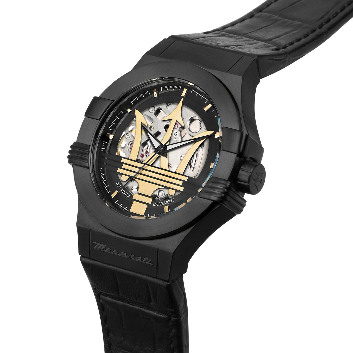 Men's black leather skeleton dial quartz watch with gold accents and dark round case