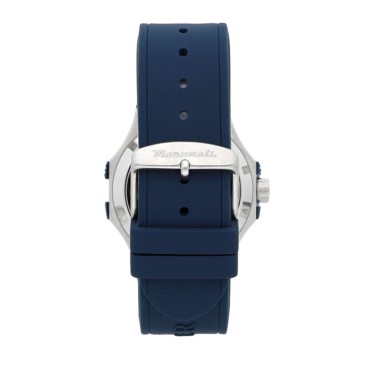 Men's watch with blue silicone strap and stainless steel case back view