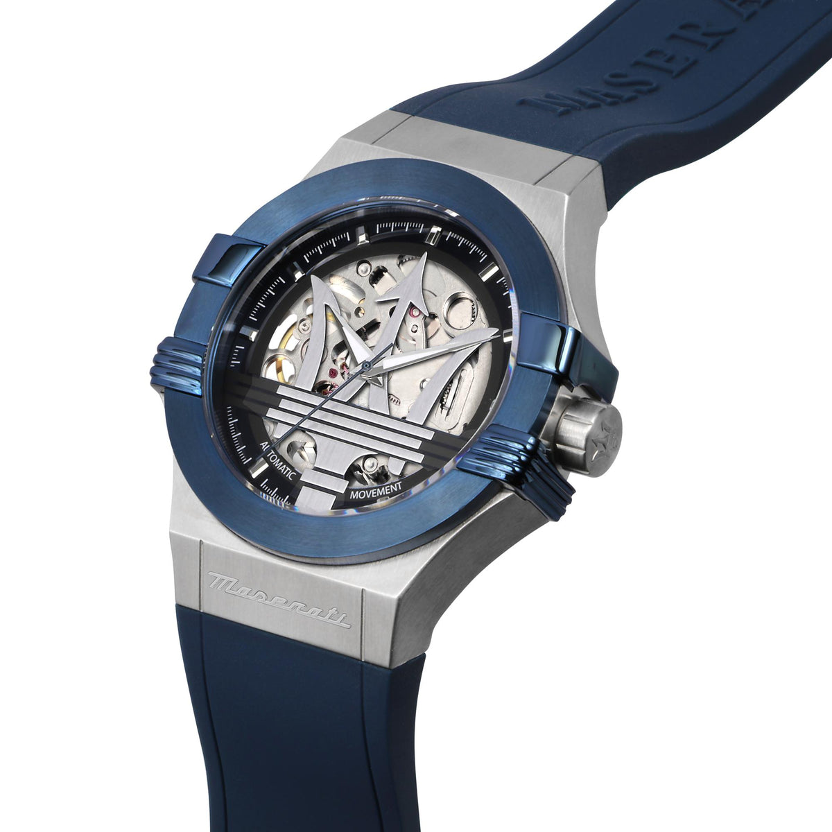 Men's skeleton dial watch with blue silicone strap and stainless steel bezel