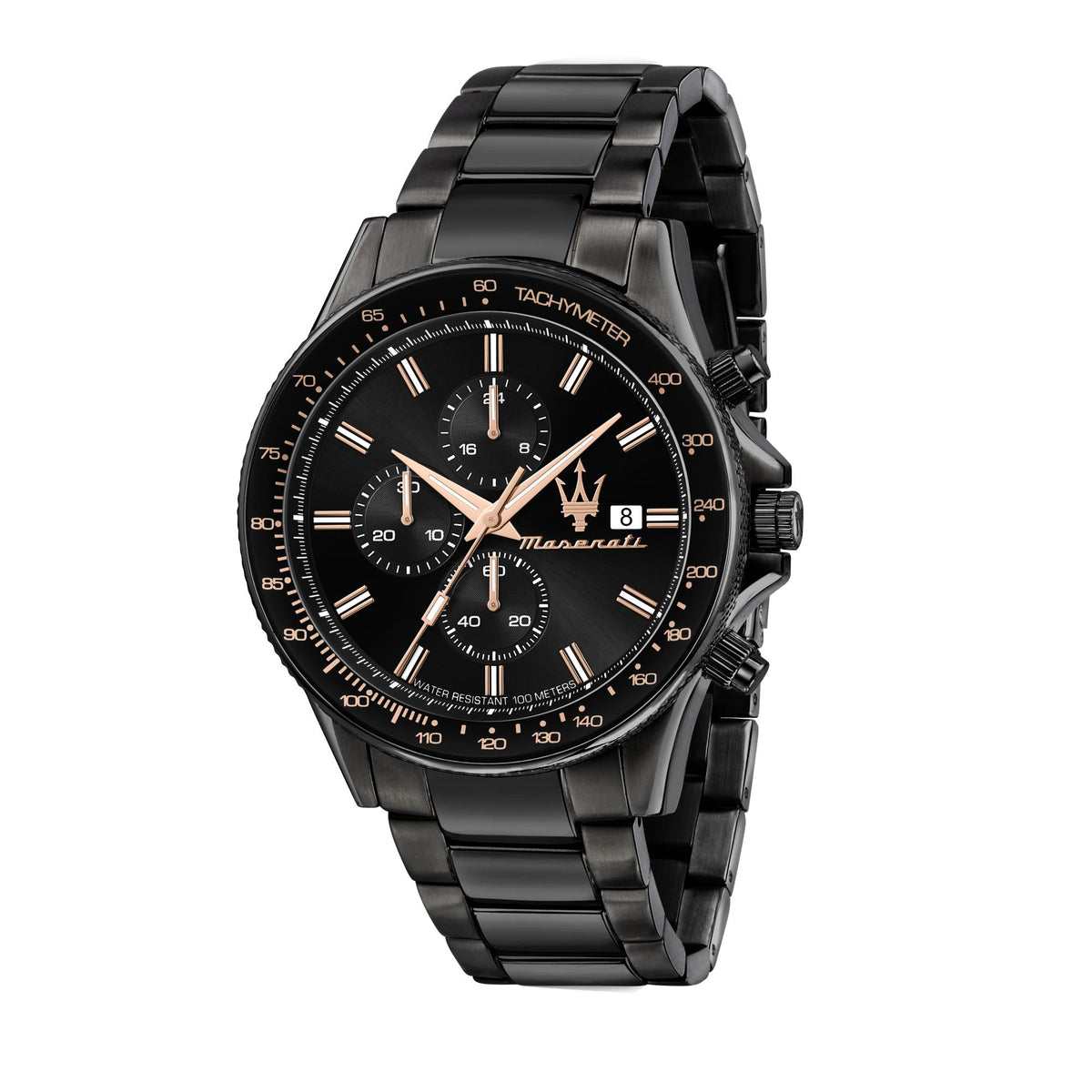 Maserati men's black chronograph watch, black dial, rose-gold hands, steel bracelet