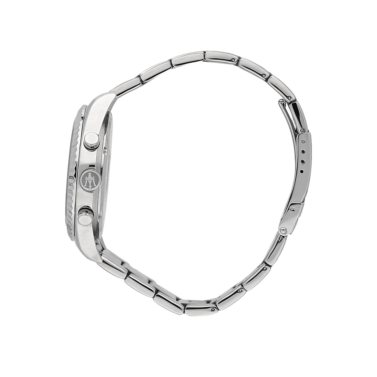 Maserati quartz chronograph watch steel bracelet side view with case profile