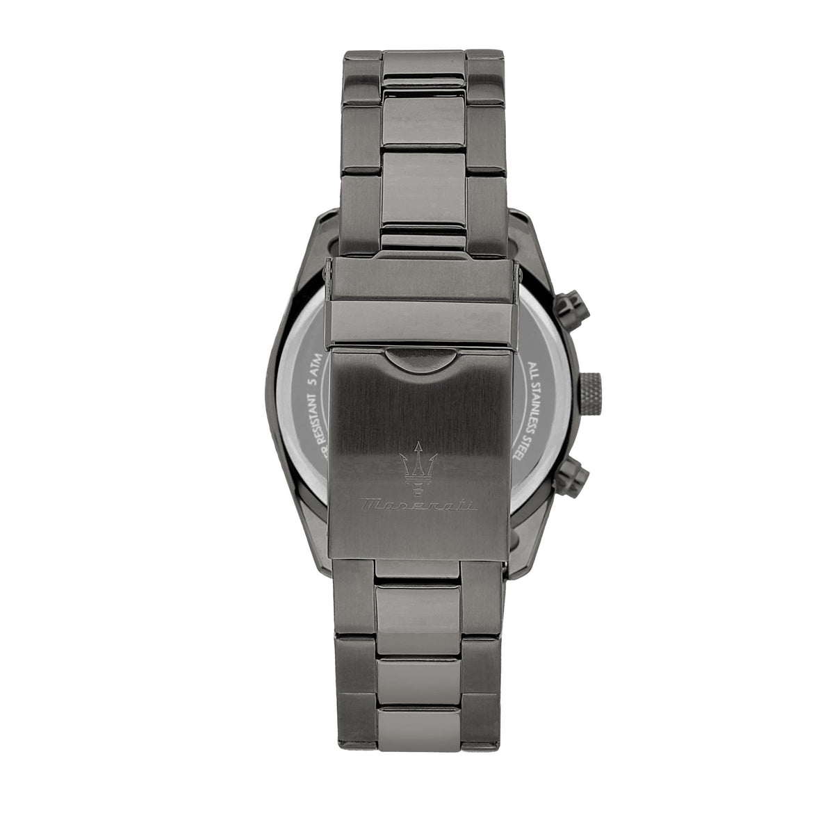 Men's black chronograph watch with metal case back and side crown detail