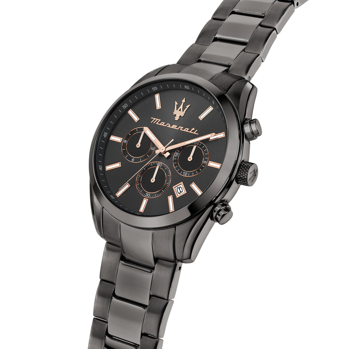 Men's black chronograph watch with black dial, rose-gold hands, and link bracelet