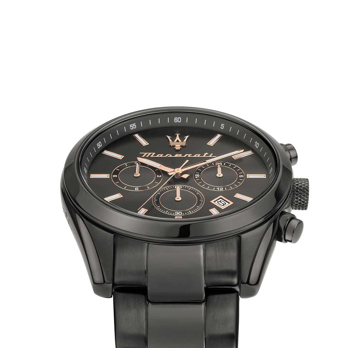 Men's black chronograph watch, close view of black dial with three subdials