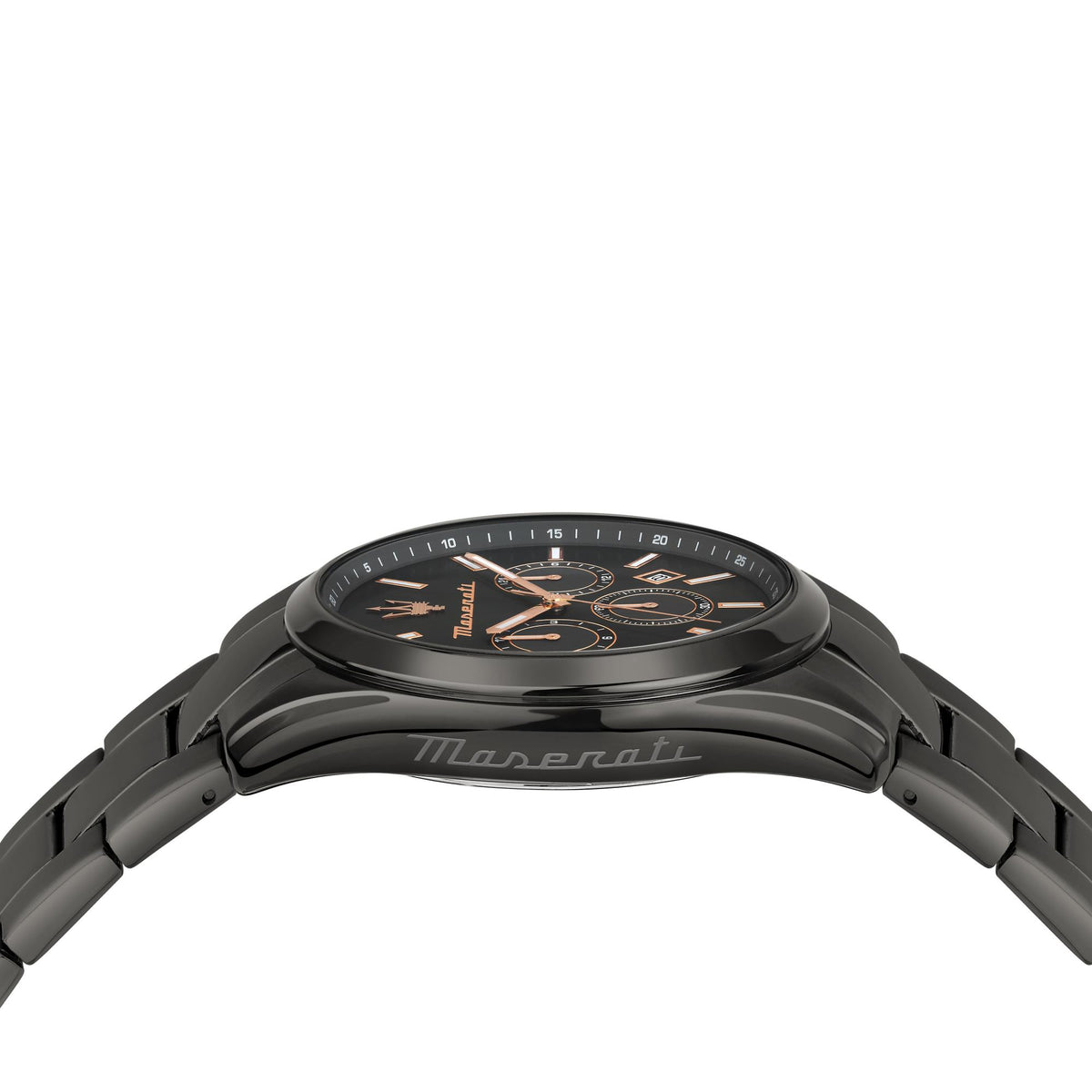 Men's black chronograph watch, top view of bezel and black dial