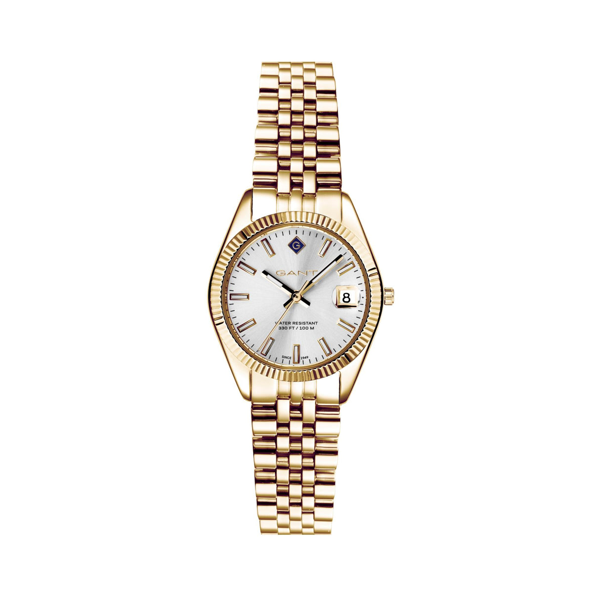 Gold PVD ladies quartz watch with silver dial and gold link bracelet, date window at 3