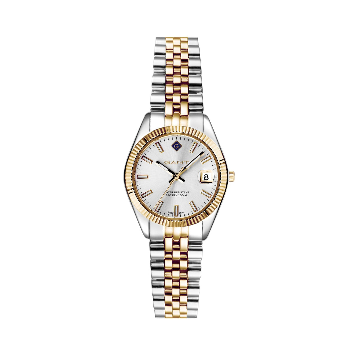 Two-tone steel ladies quartz watch with white dial, gold bezel ring, and link bracelet