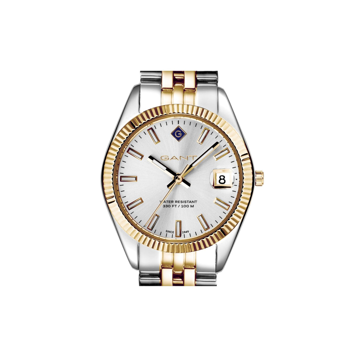 Two-tone steel ladies quartz watch with white dial, gold bezel ring, and date window