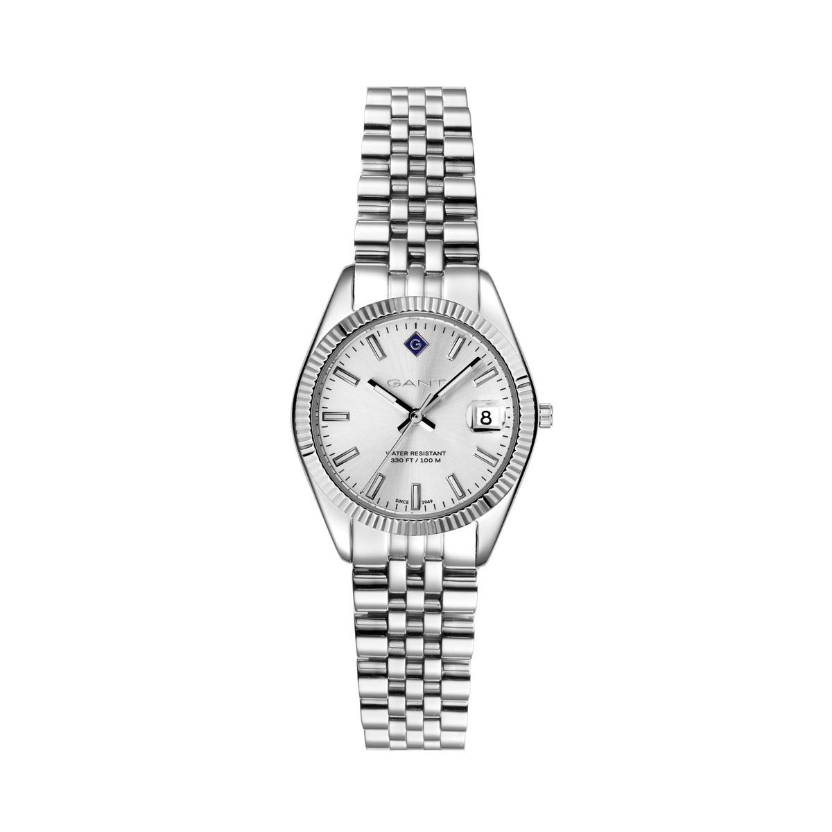Ladies quartz watch with silver dial and steel link bracelet, date window at 8.
