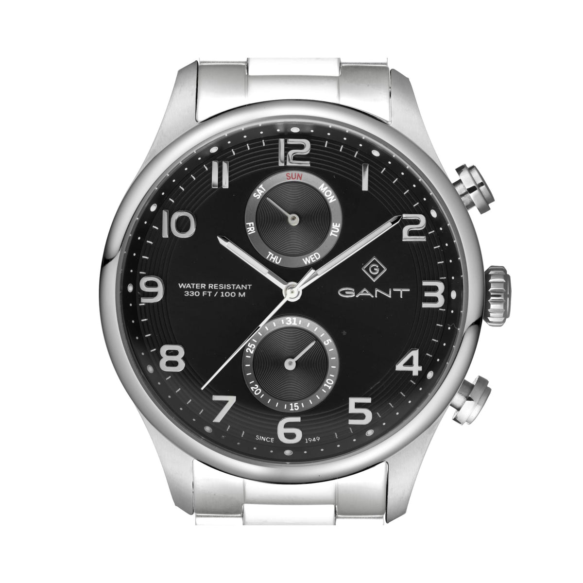 Men's steel bracelet quartz chronograph watch with black dial and three subdials