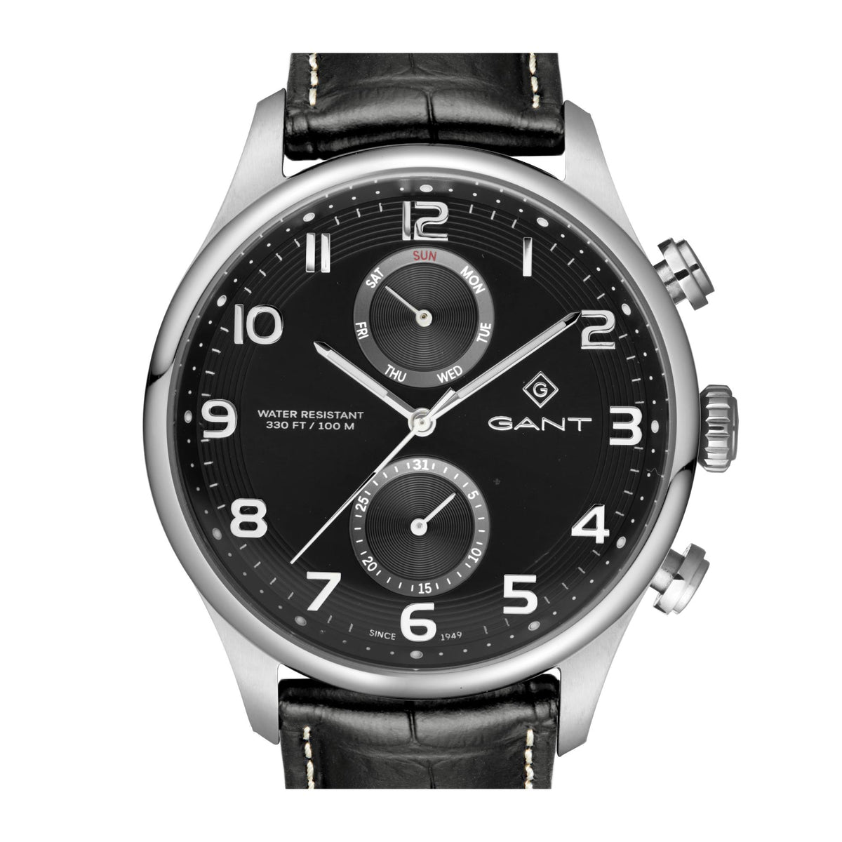 Men's quartz chronograph watch, black dial with subdials, black leather strap, steel case