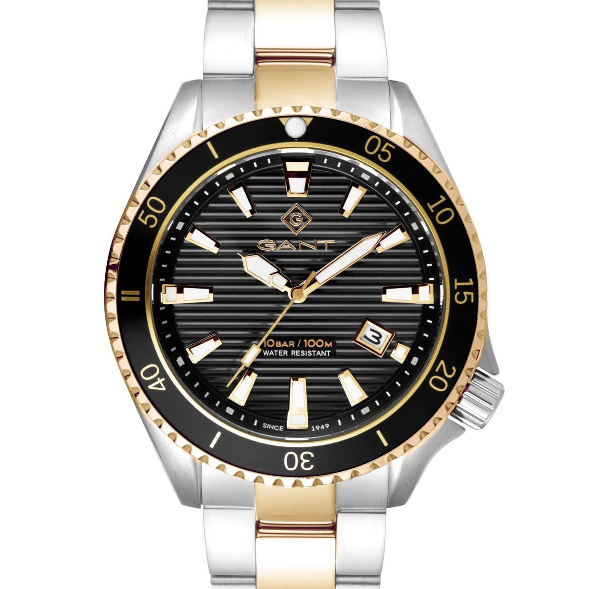 Two-tone steel men's quartz watch with black dial, gold bezel, metal bracelet.
