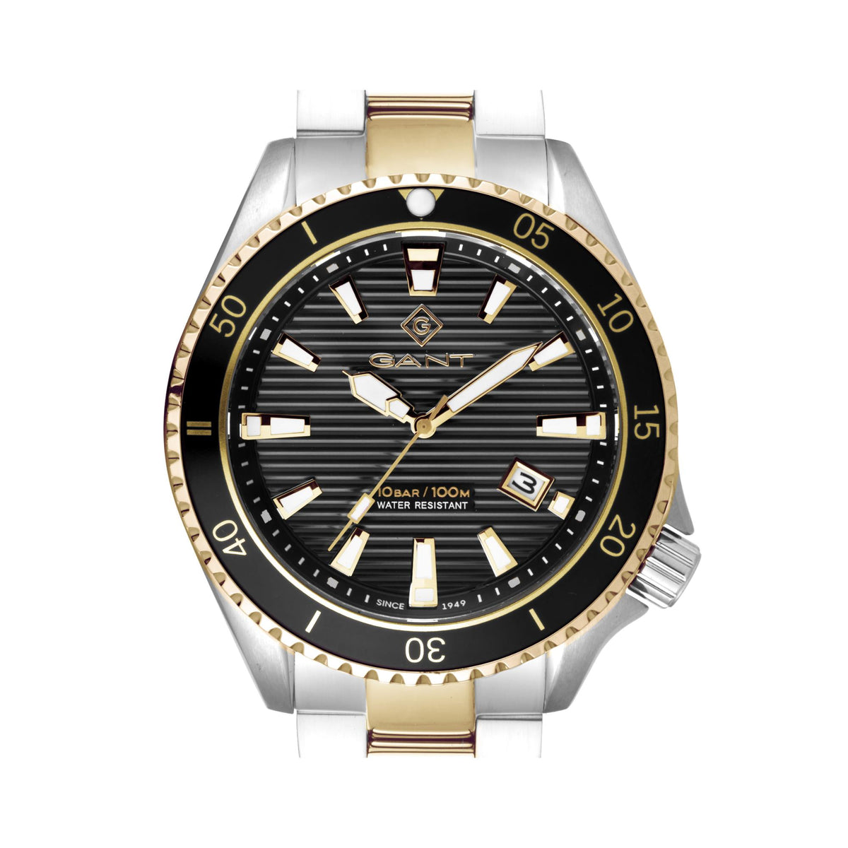 Men's two-tone steel quartz watch with black dial, gold hour markers, and bezel numbers.