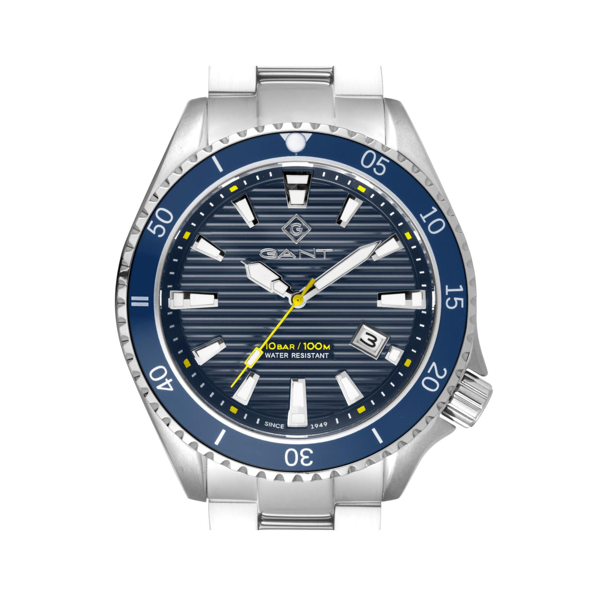Men's steel quartz wristwatch with blue dial, bead bezel markers, and linked metal strap