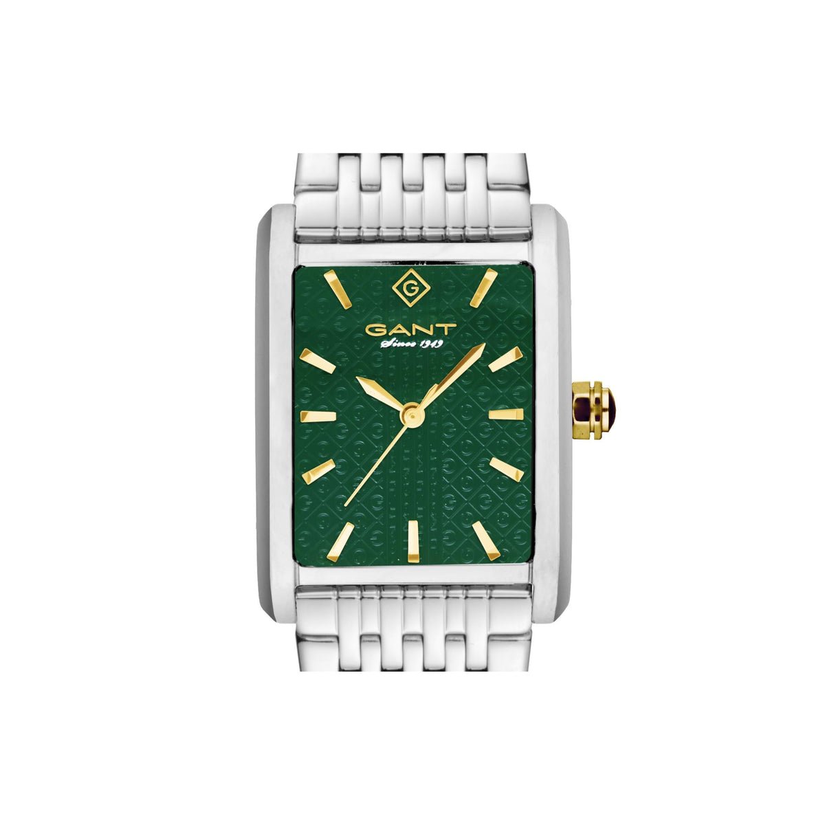 Ladies steel bracelet quartz wristwatch with green dial and gold hour markers, hands