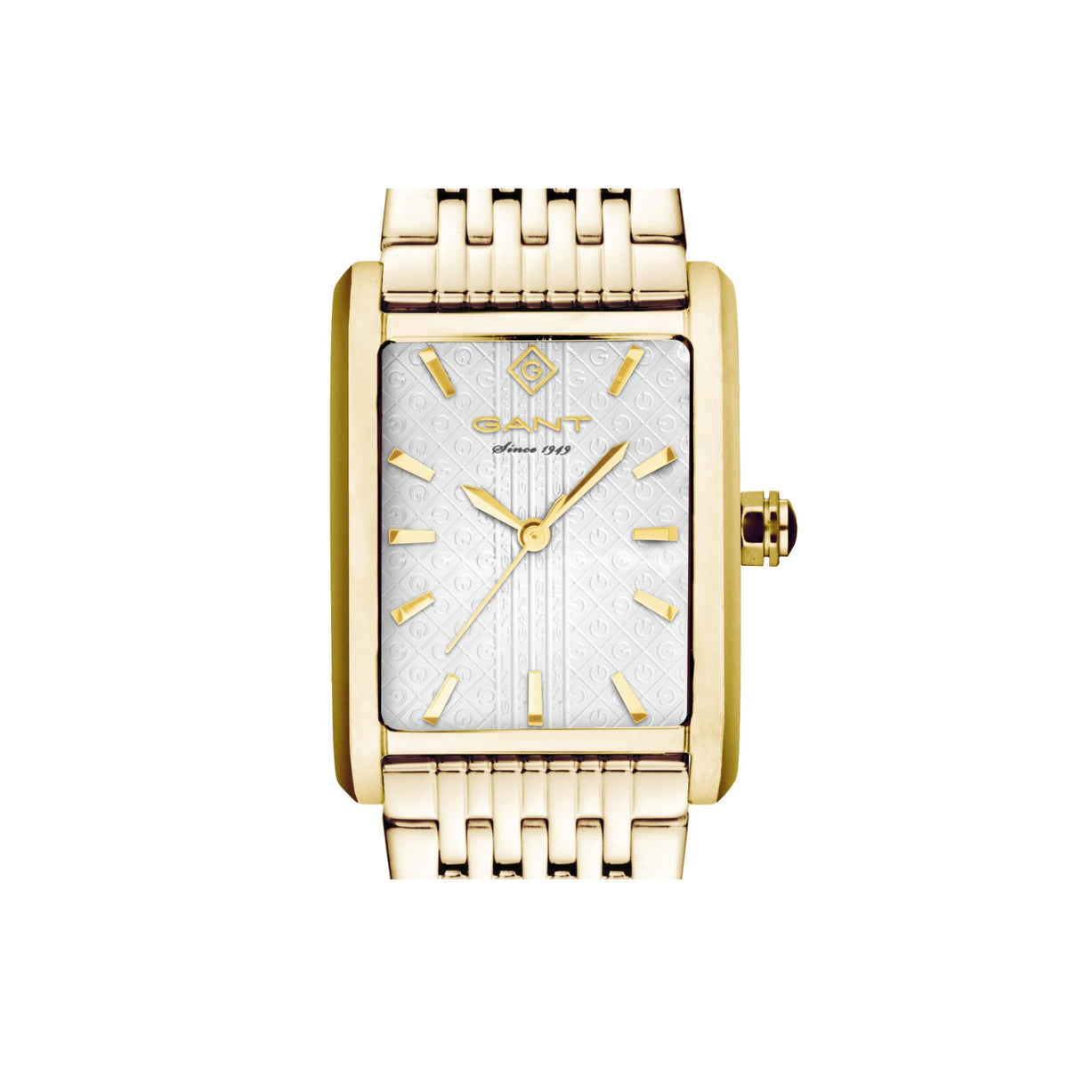 Gold-tone ladies watch with white dial and GANT logo, square bezel, crown on right