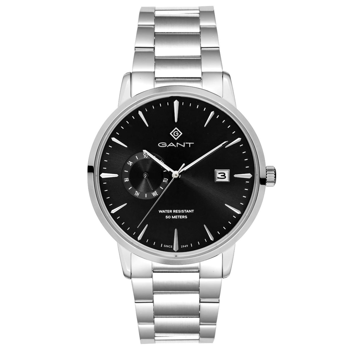 Men's steel bracelet watch with black dial, quartz movement, GANT logo, date window