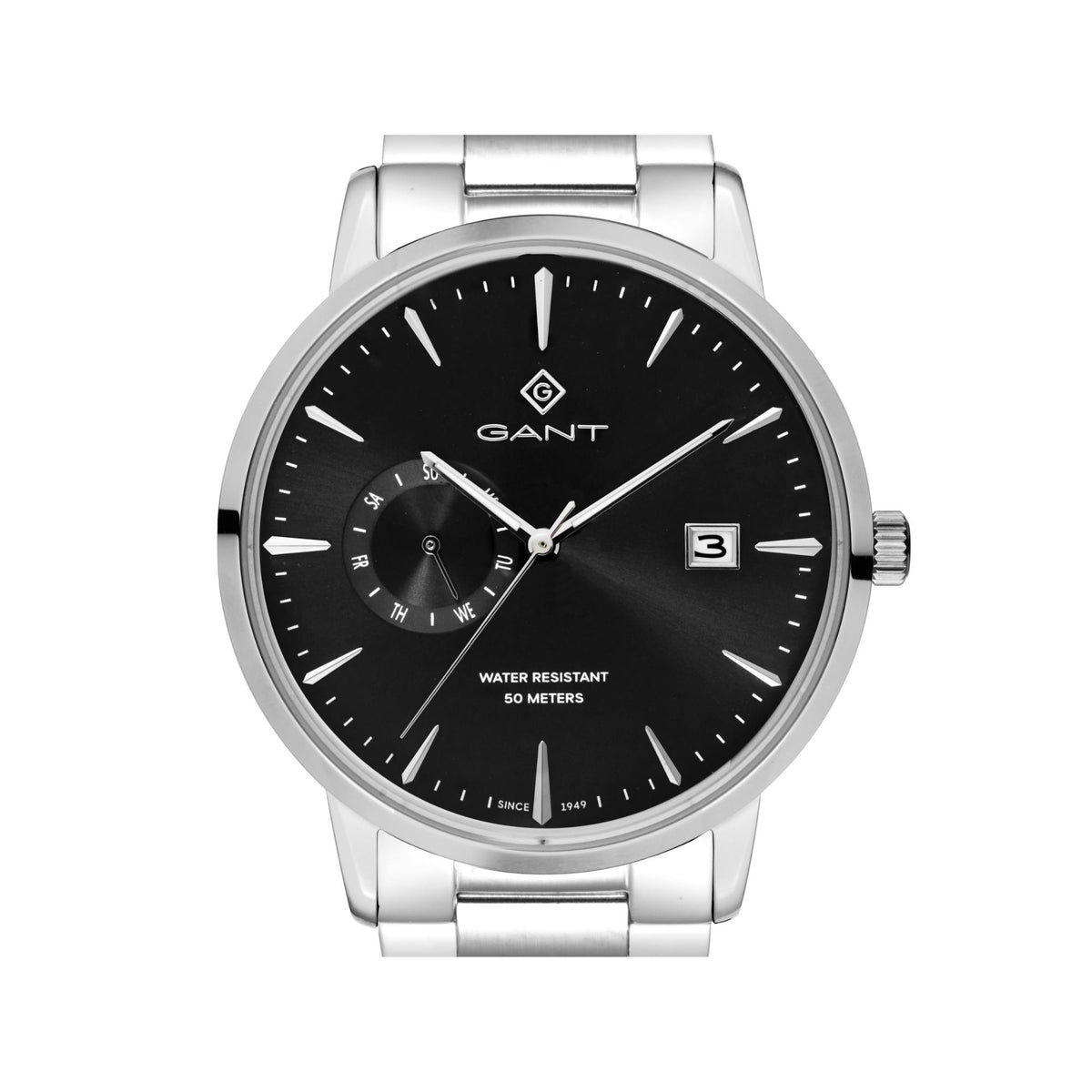 Men's steel quartz watch with black dial, GANT branding, and date window at 3 o'clock