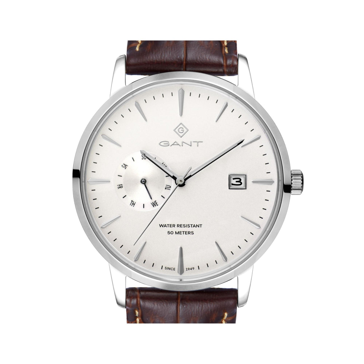 Men's quartz watch, white dial with subdials, brown leather strap, silver case, date window