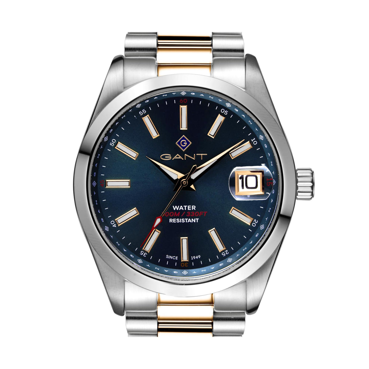 Men's quartz wrist watch with blue face, gold-bar markers, and date at 3 o'clock
