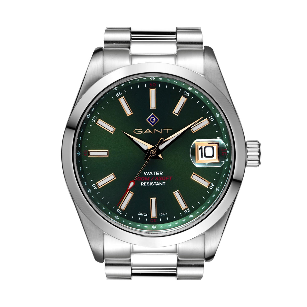 Men's stainless steel quartz watch, close view of green dial with GANT logo and date window