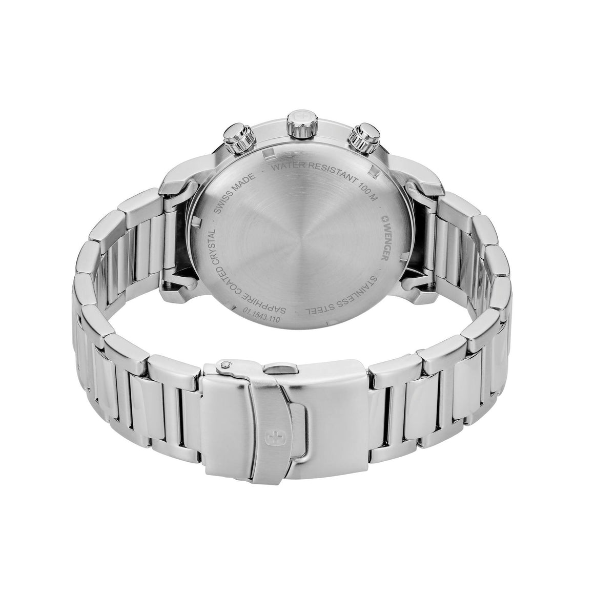 Wenger chronograph watch case back, stainless steel link band, four crown points