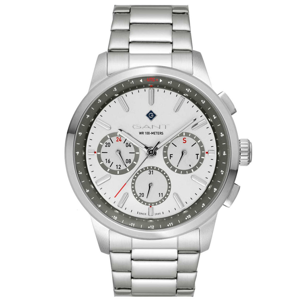 Men's steel chronograph quartz watch with white dial, dark bezel, and linked bracelet.