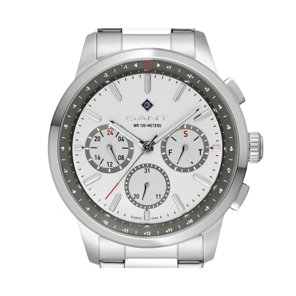 Men's Gant quartz chronograph watch with white dial, steel case, and linked bracelet.
