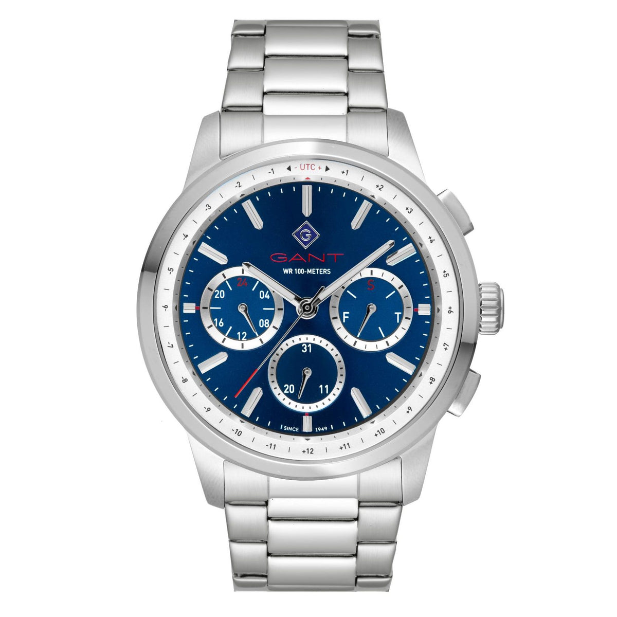 Men's steel chronograph watch with blue dial, three subdials, and link bracelet