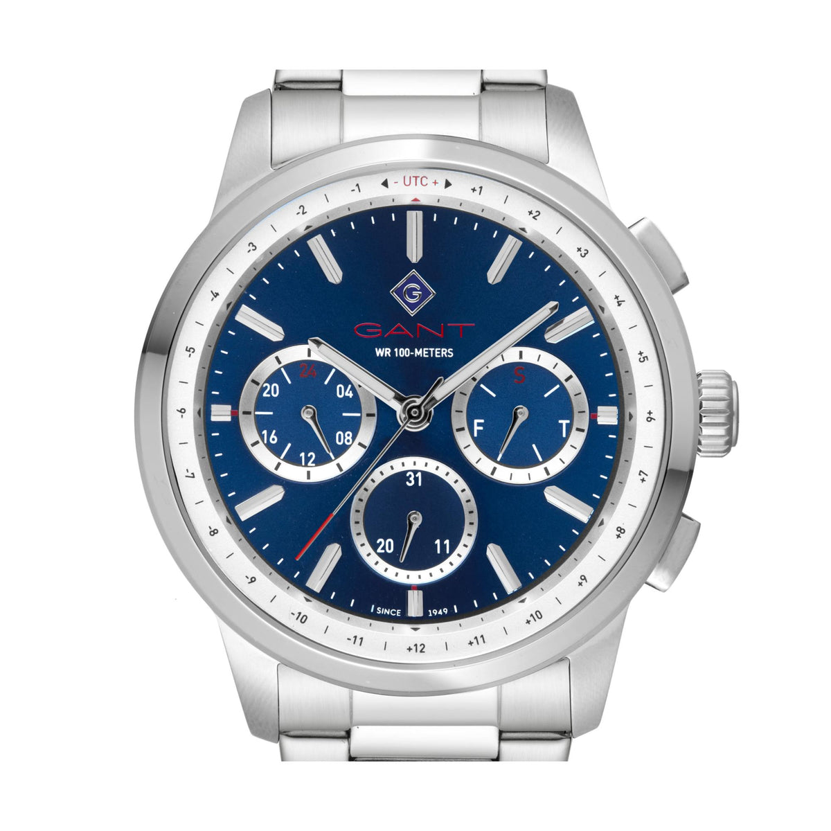 Men's steel chronograph watch with blue dial, baton markers, subdials, link bracelet