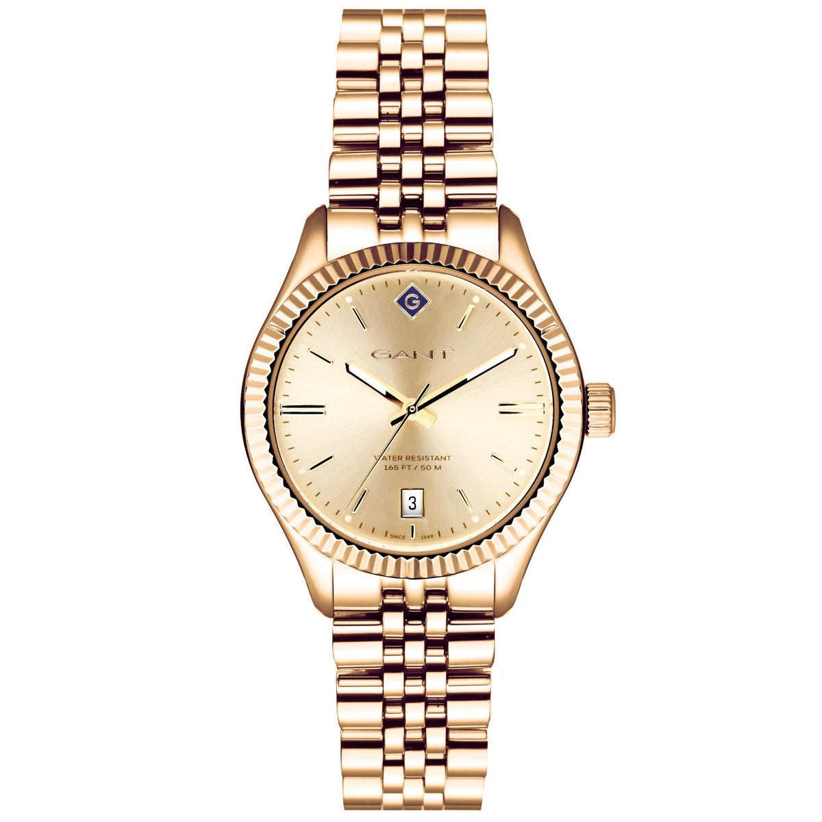 Ladies gold bracelet quartz watch with cream dial, date window at 3, round bezel
