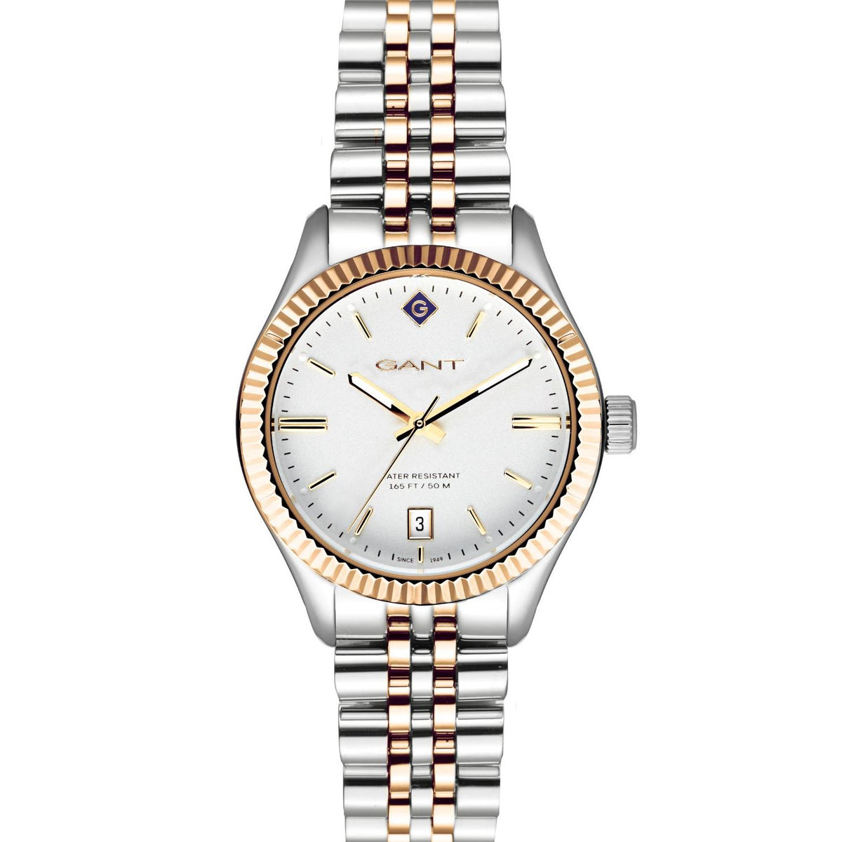 Two-tone steel ladies quartz watch with white dial, gold-tone bezel, date at 3 o'clock.