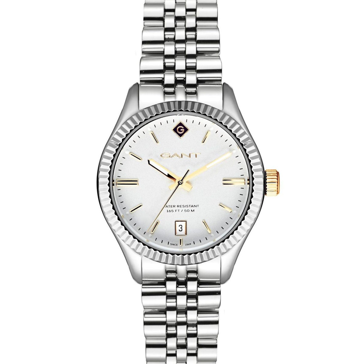 Ladies stainless steel quartz watch with white dial, gold hands, and date window at 3