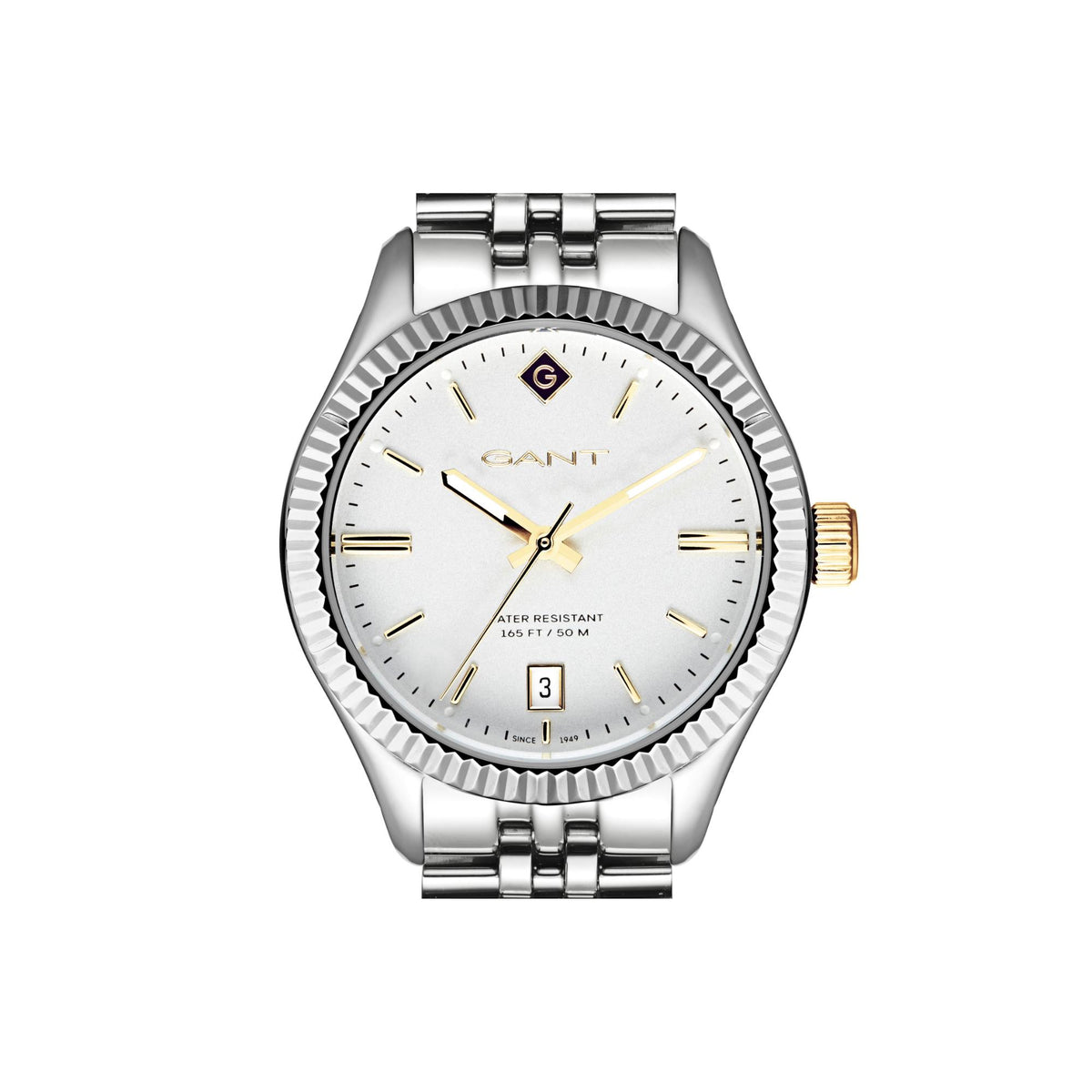 Ladies stainless steel quartz watch with white face, gold-tone markers, and date window at 3