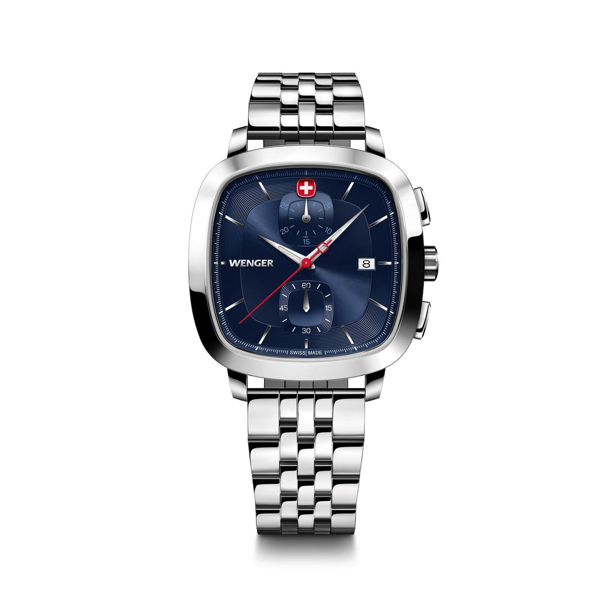 Stainless steel wristwatch with dark blue dial, red hands, three subdials, metal bracelet