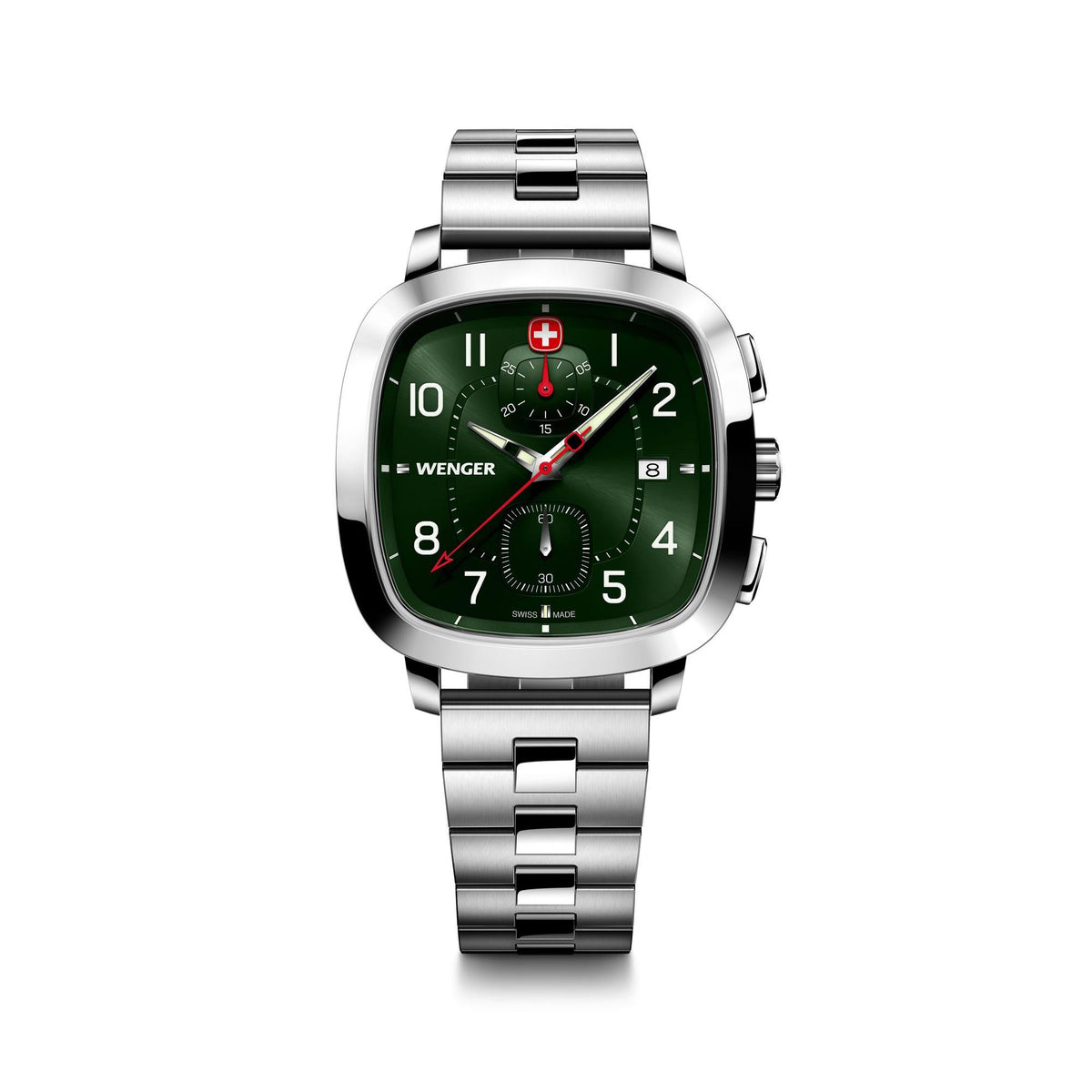 Men's sport watch with stainless steel bracelet, green dial, and chronograph subdials