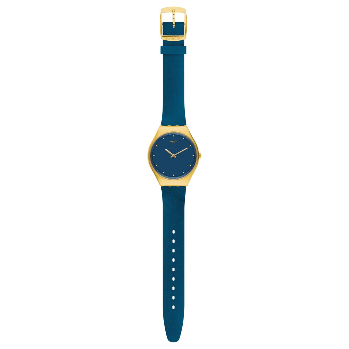 Round watch with gold-tone bezel and dark blue silicone strap, blue dial