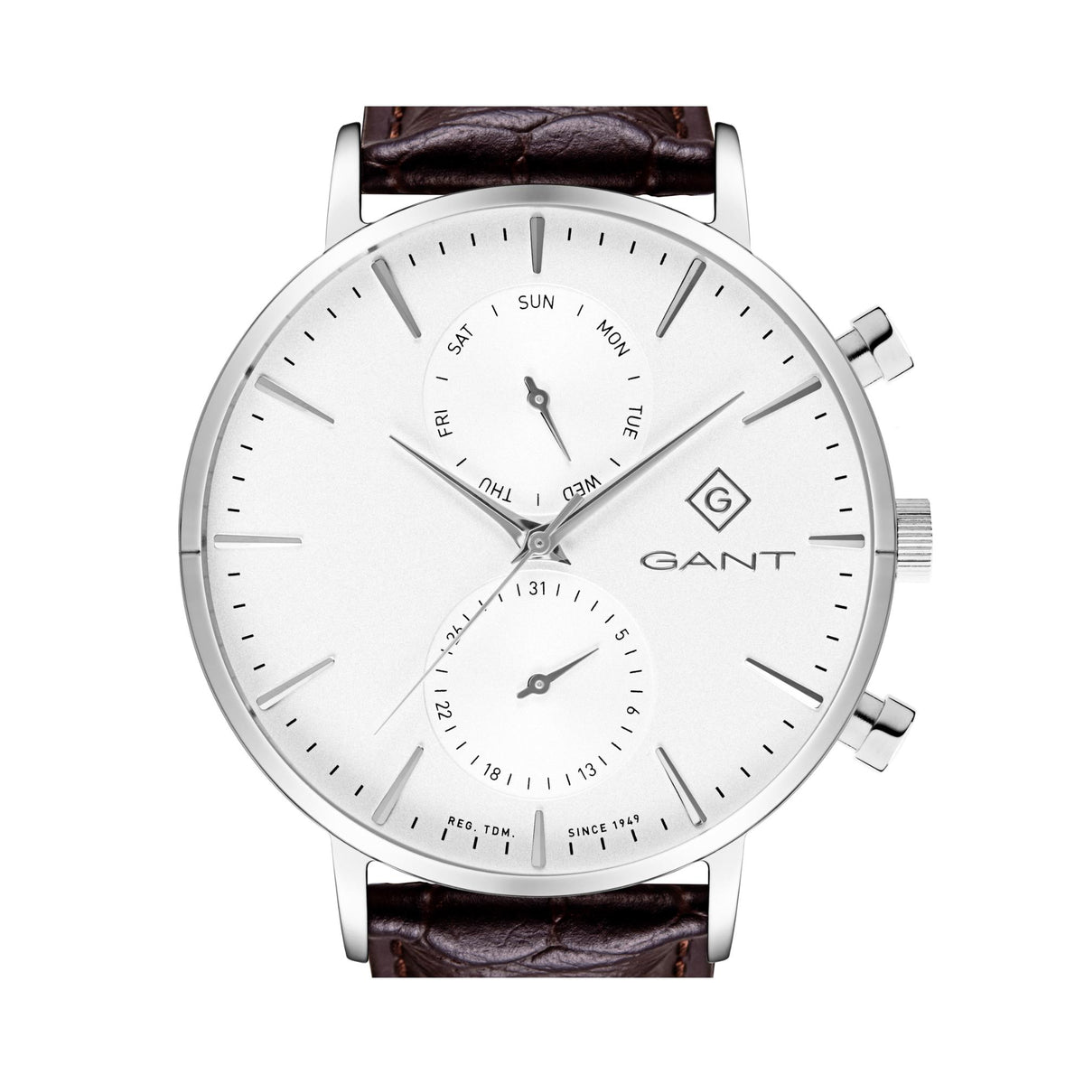 Men's quartz chronograph watch, white dial with subdials, brown leather strap, silver case