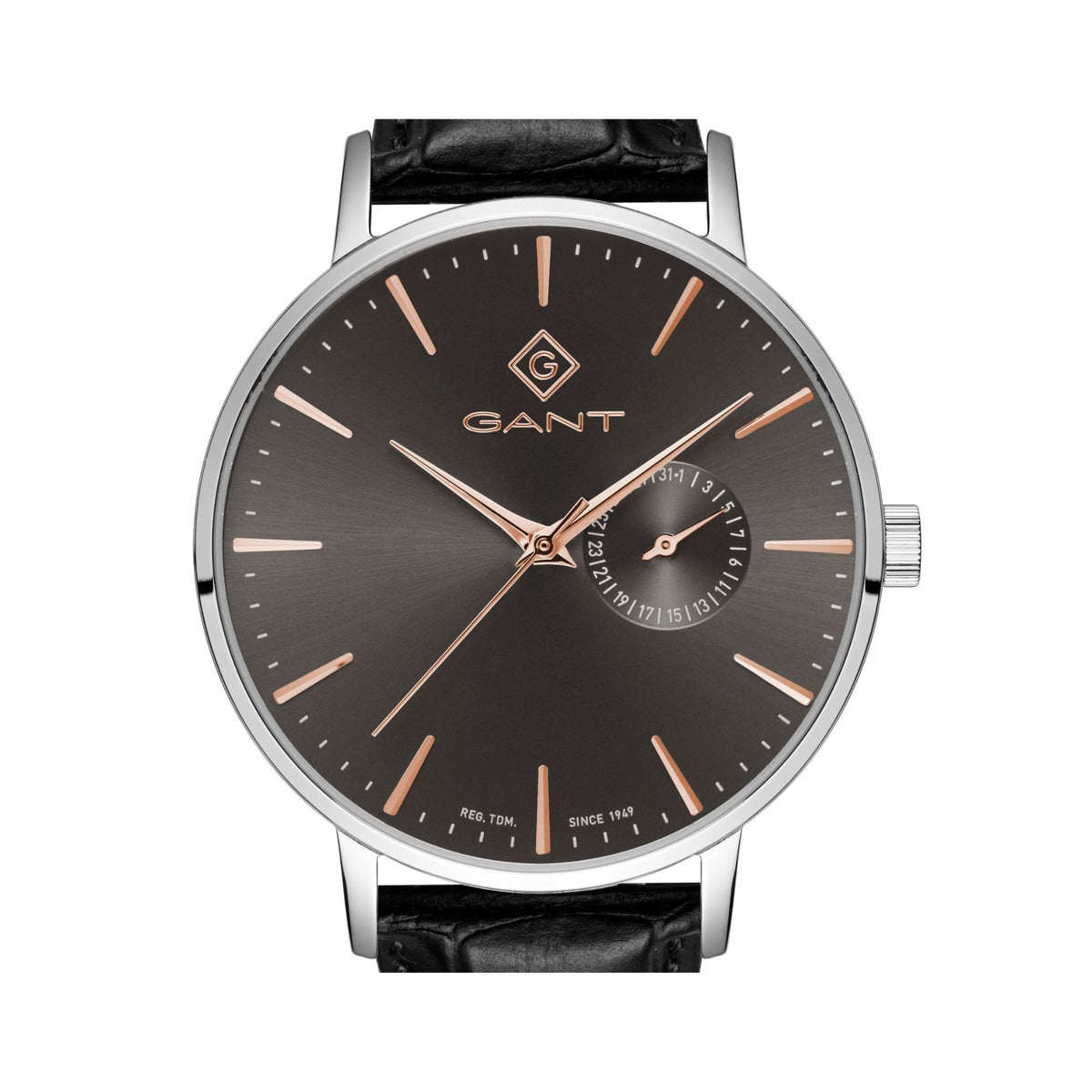 Quartz watch with black leather strap, dark gray dial, rose-gold logo and slim markers.