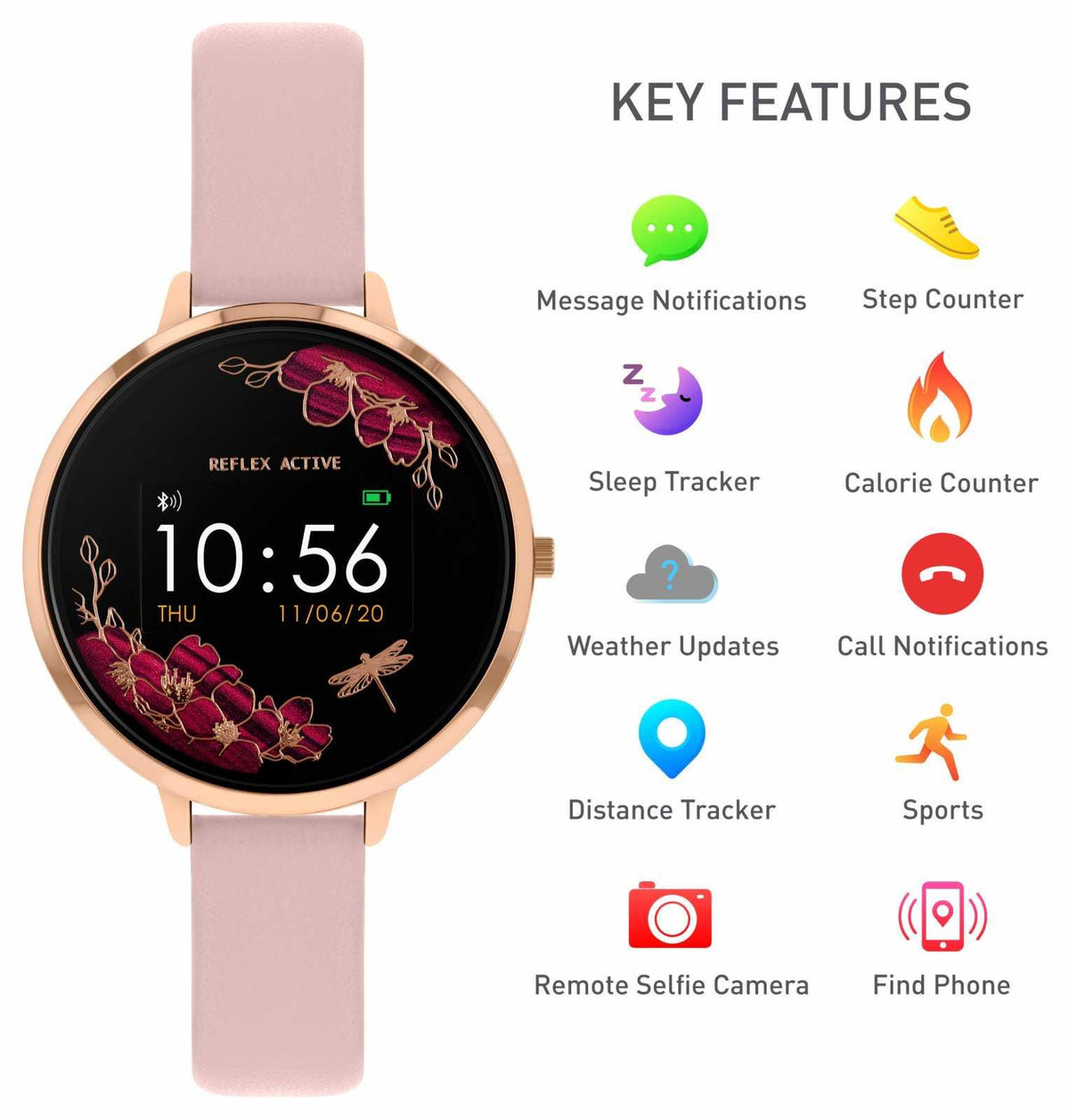 Pink faux leather strap smartwatch with round black floral dial and rose-gold bezel