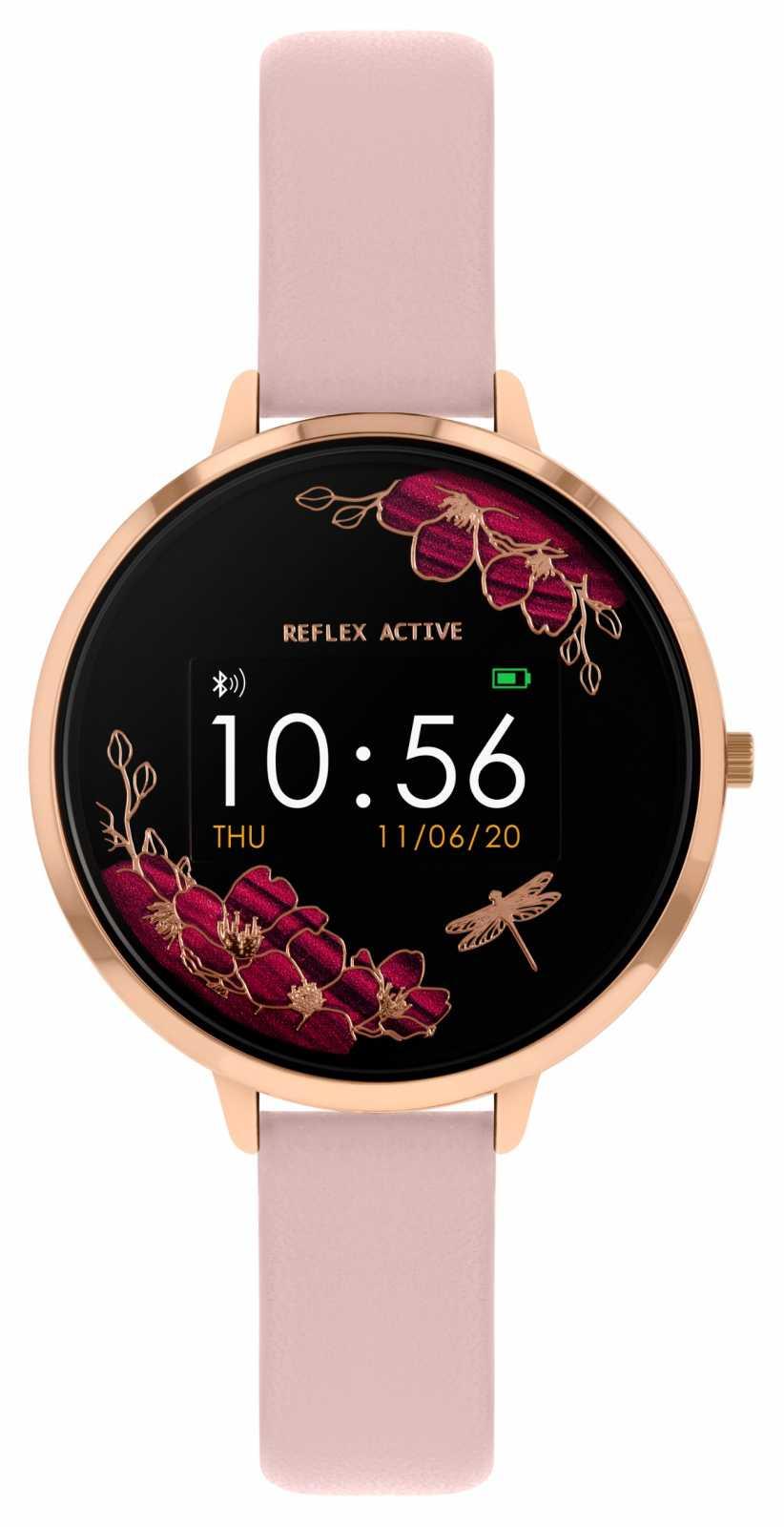 Round smartwatch with pink faux leather strap, rose-gold bezel, and black floral face