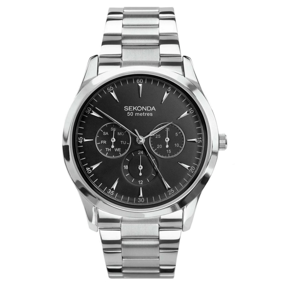Men's metal wristwatch with black dial, silver bracelet, three subdials