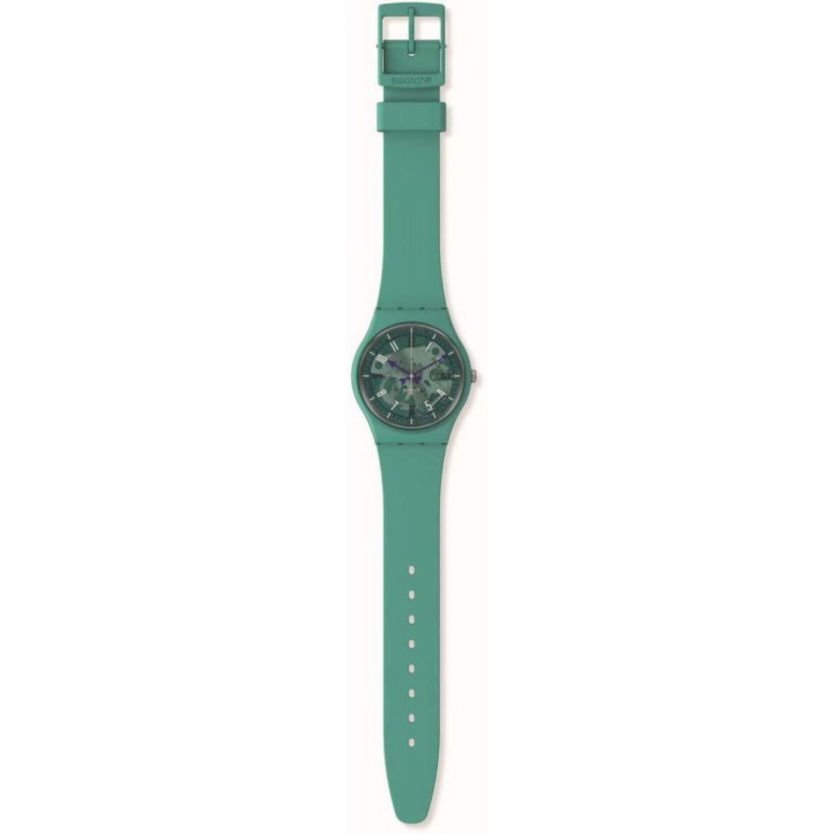 Turquoise silicone watch strap and round skeleton dial case, buckle closure at top