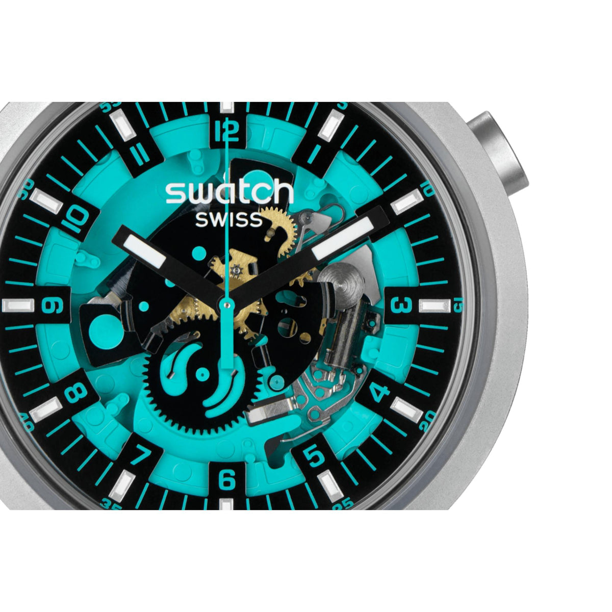 Unisex quartz wristwatch close-up: teal skeleton dial with visible gears, gray case