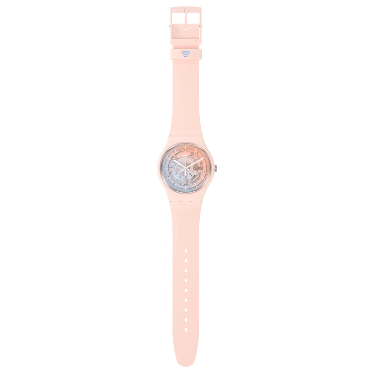 Pink silicone strap unisex analog watch, side view with round see-through skeleton dial