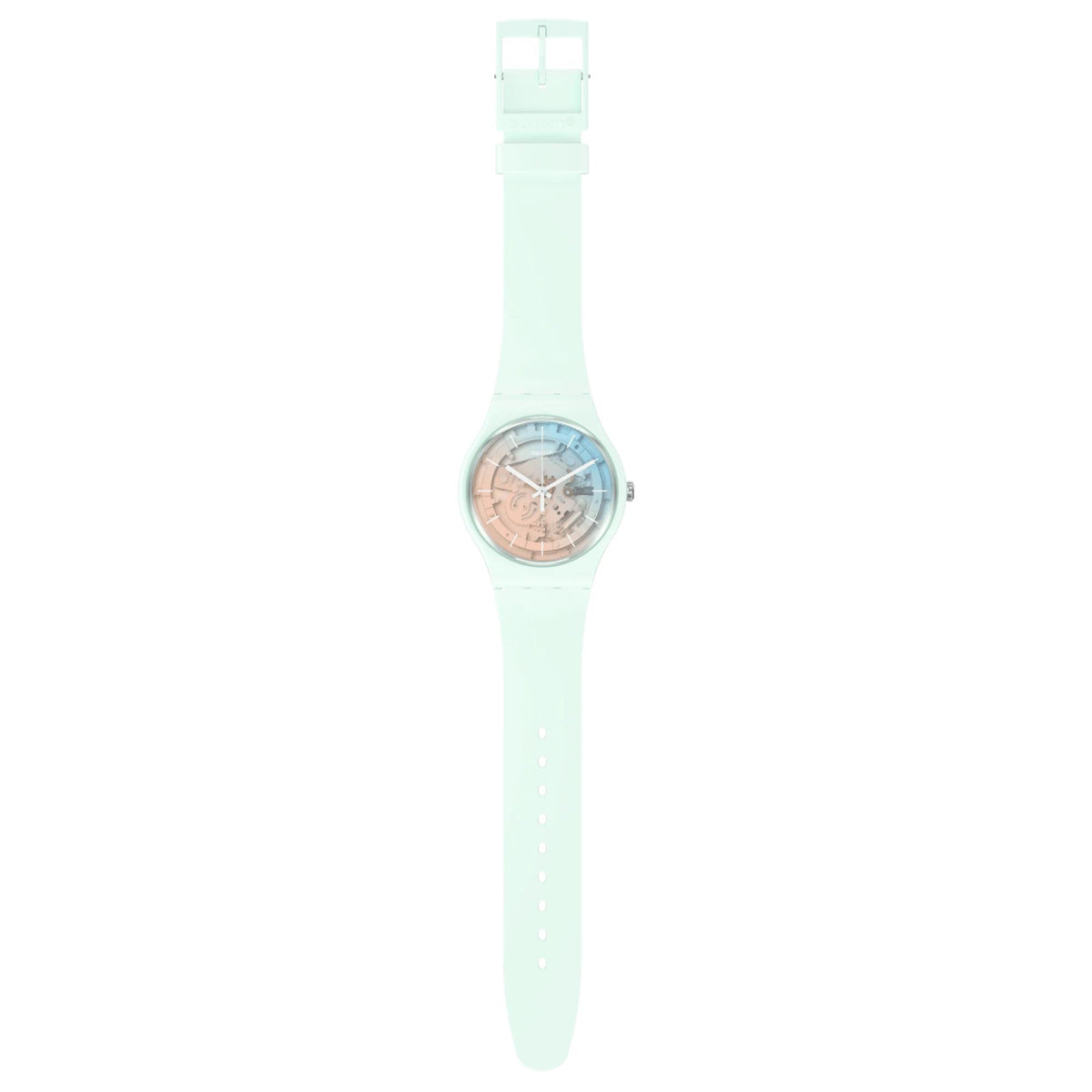 Unisex mint silicone watch with round ice-blue and pink dial, full strap view