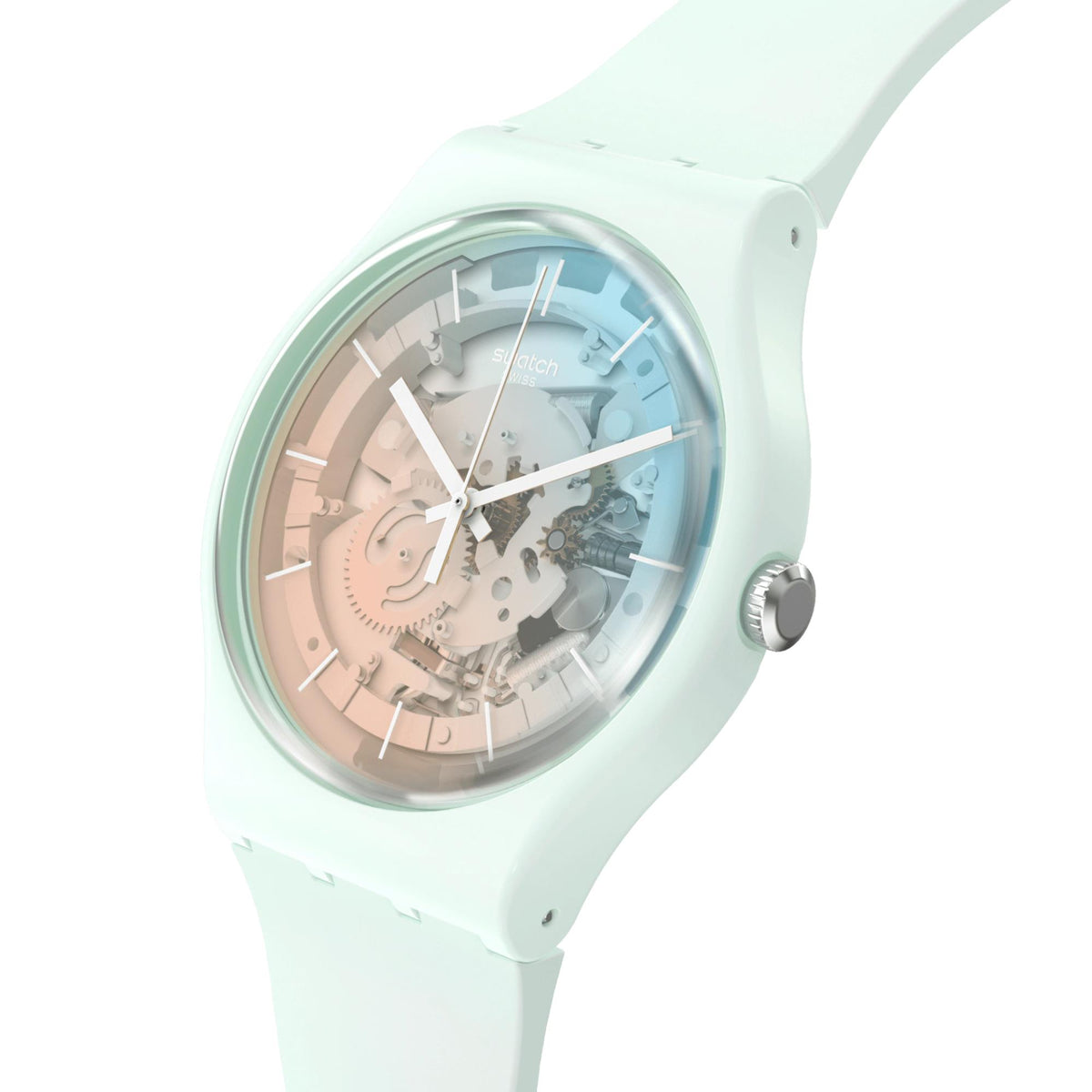 Unisex mint silicone watch with ice-blue round dial and crown on right side